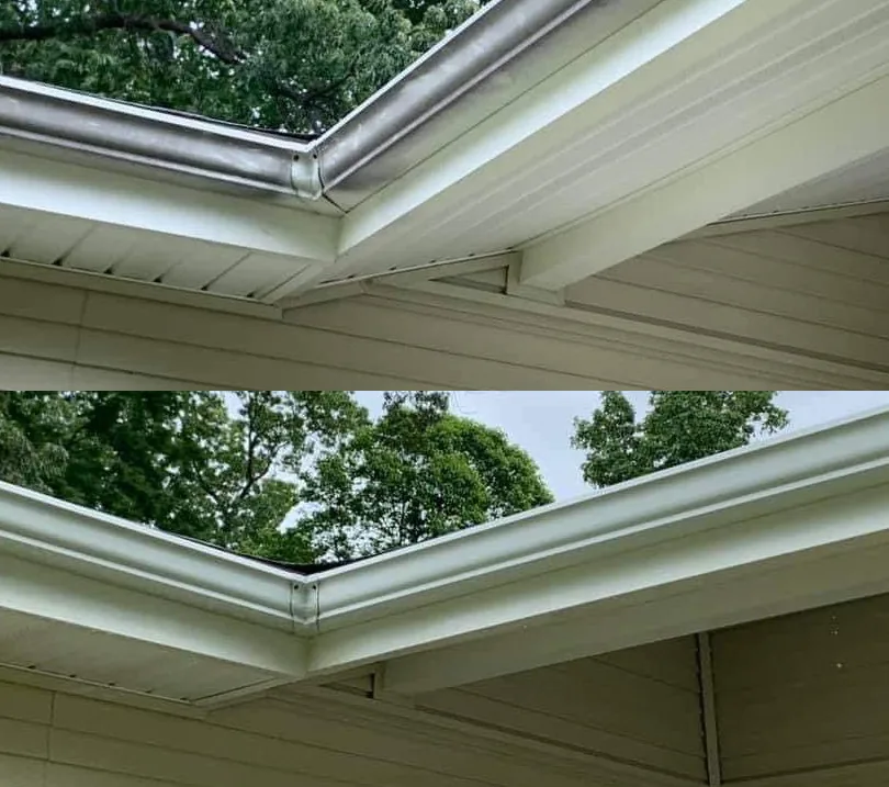Gutter and soffit before cleaning, streaked and grey, above the same gutter after cleaning, bright white