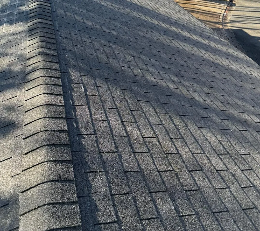 Roof shingles part-way through a low-pressure cleaning pass